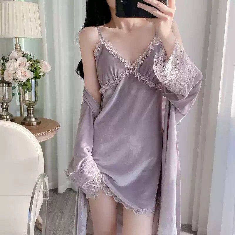 春秋金丝绒睡衣女带胸垫吊带睡裙性感纯欲蕾丝花边睡袍家居服套装