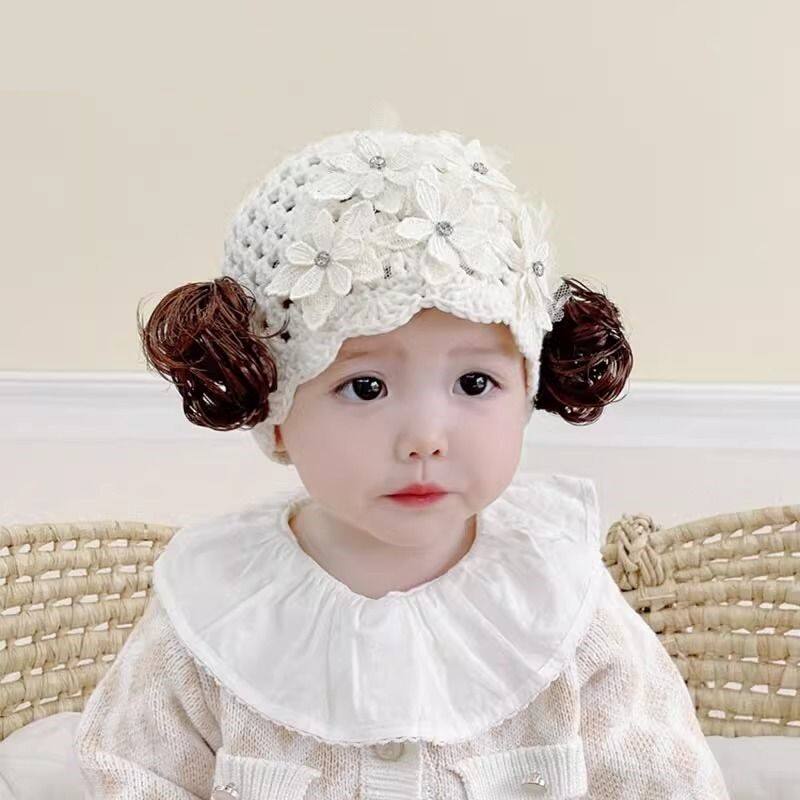 婴儿假发帽子女宝宝护囟门帽春夏韩版洋气公主手工儿童编织毛线帽