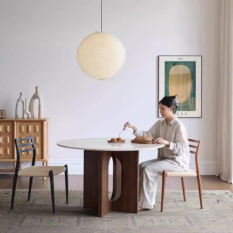 中古风餐桌大理石圆形白蜡木实木桌子小户型法式复古水磨石圆桌子