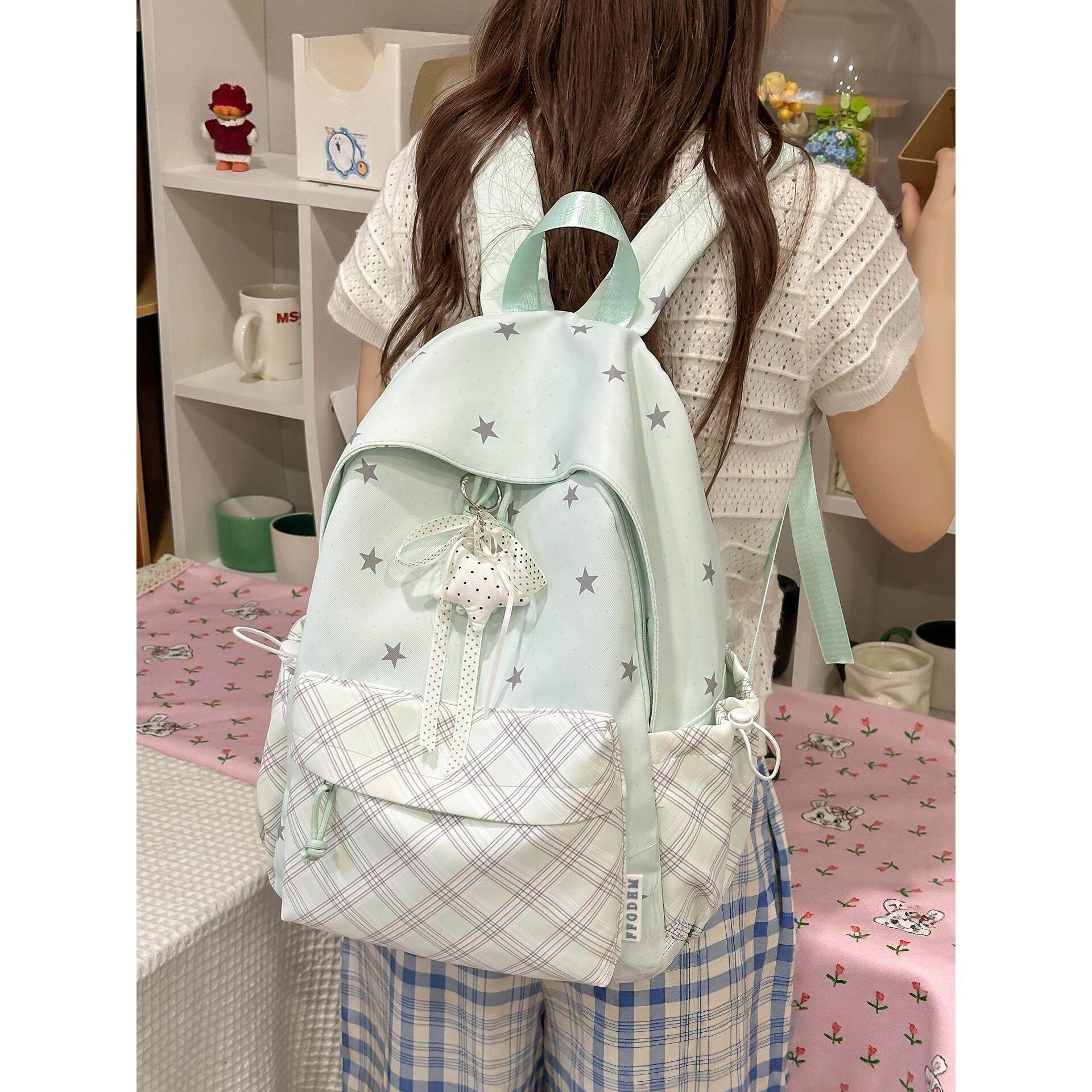 韩系小清新星星双肩包女学生书包高颜值ins小众格子初中生肩背包
