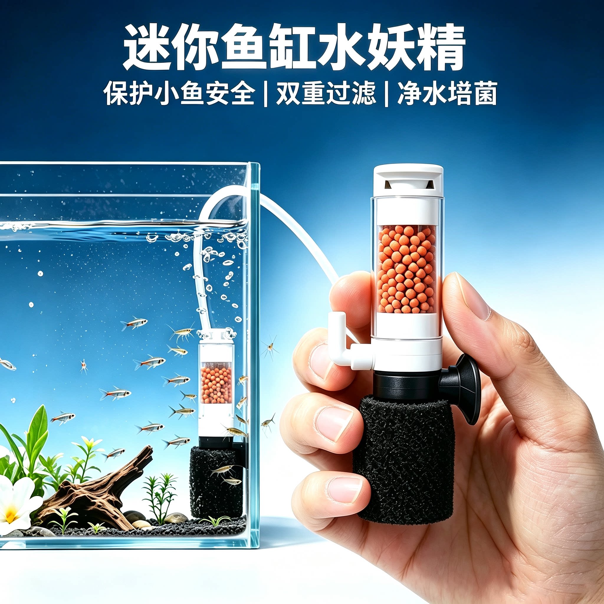小型水妖精微型迷你小鱼缸过滤器斗鱼缸小鱼苗打氧增氧过滤循环