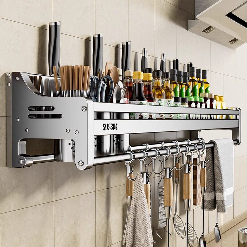 304不锈钢厨房置物架免打孔壁挂式调味料刀架用品挂架墙上收纳层