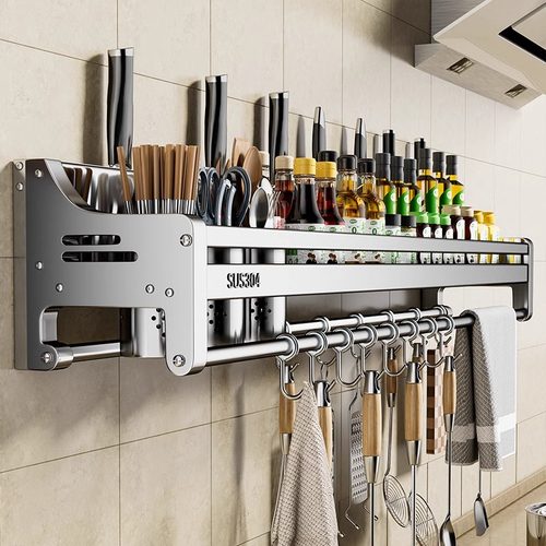 304不锈钢厨房置物架免打孔壁挂式调味料刀架用品挂架墙上收纳层