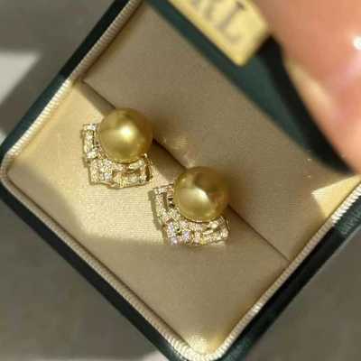 天然海水南洋金珠钻石耳钉极强镜面光完美无瑕显白贵妇气质高品质