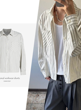 【CSMY】MANUSCRIPT条纹泡泡纱衬衫休闲正肩长袖衬衣复古条纹上衣