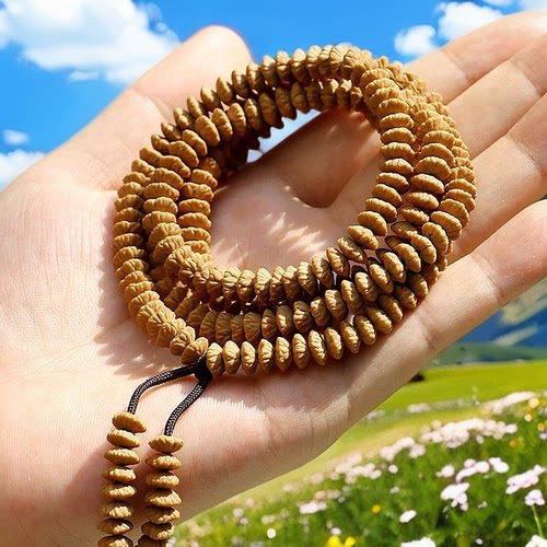 九华山莲花手持金叶菩提项链飞碟菩提金钱子招财手串念珠金叶佛珠