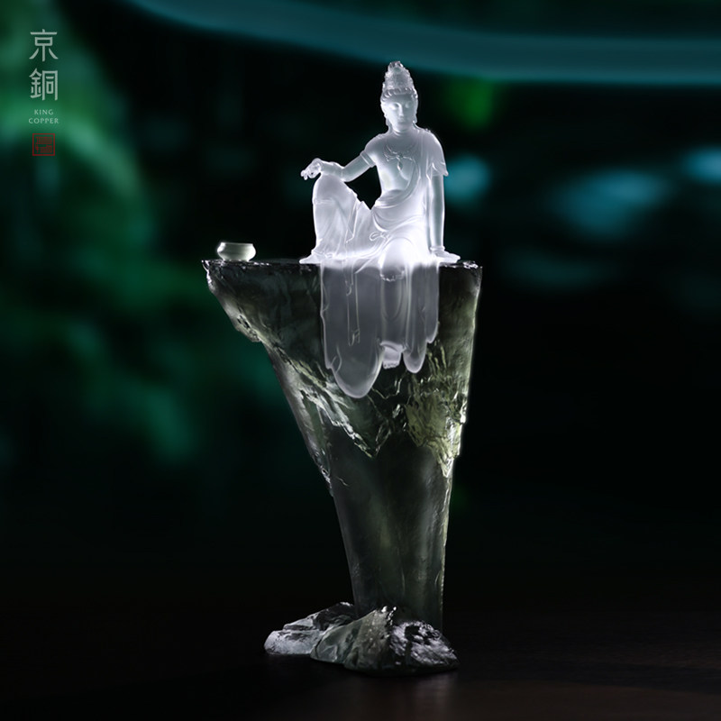 京铜琉璃水月自在观音摆件新中式装饰玄关客厅茶桌桌面禅意小摆件