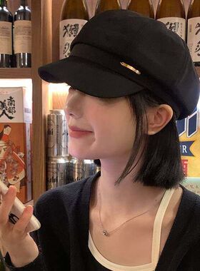 黑色贝雷帽 女秋冬季i韩版ns网红帽子日系大头围显脸小八角画家帽