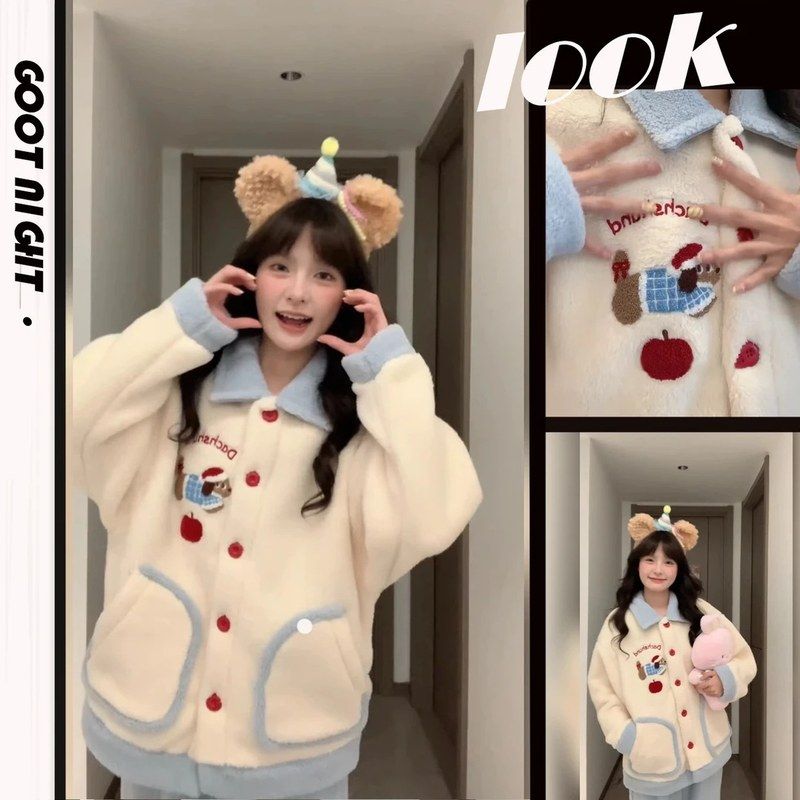 可爱珊瑚绒睡衣女款冬季腊肠狗加厚加绒家居服2025新款秋冬天套装