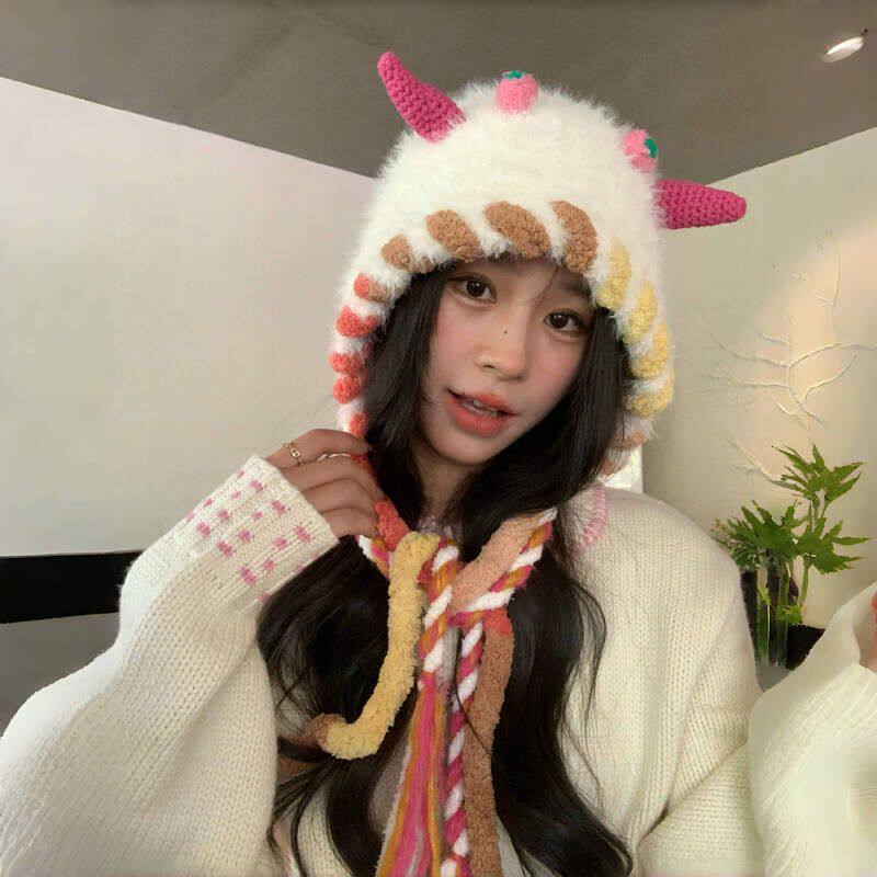 新款可爱搞怪小怪兽针织帽子女冬季毛绒保暖毛线帽绑带护耳雷锋帽
