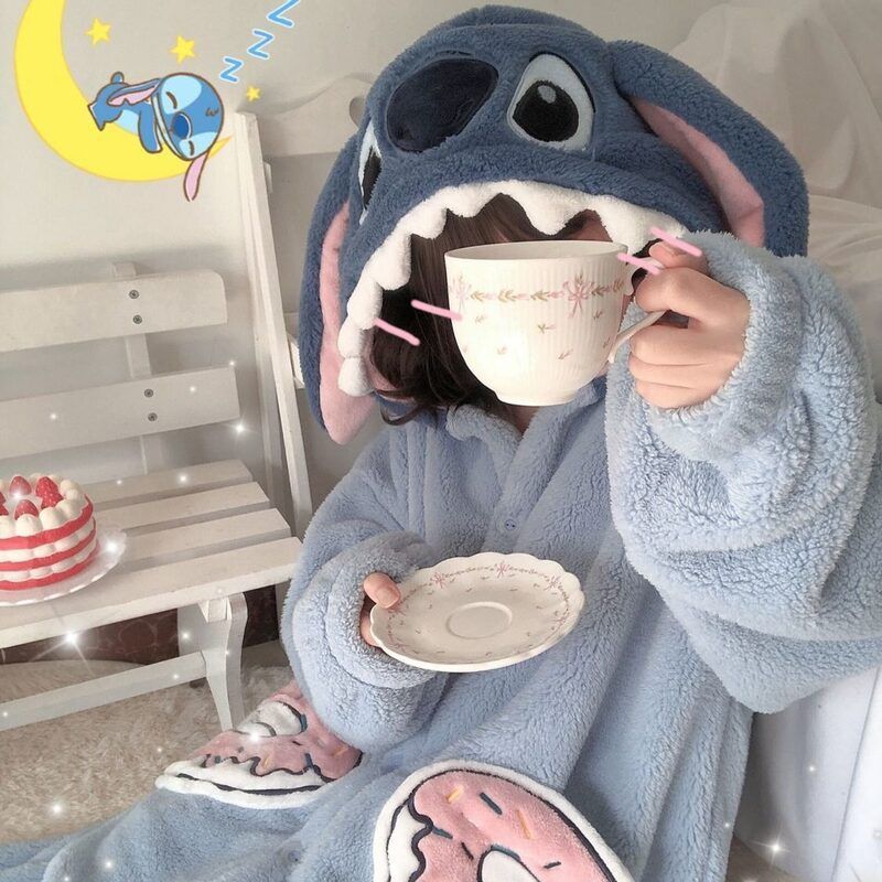可爱卡通动漫史迪仔珊瑚绒睡衣女春季加绒加厚长款外穿居家服睡袍