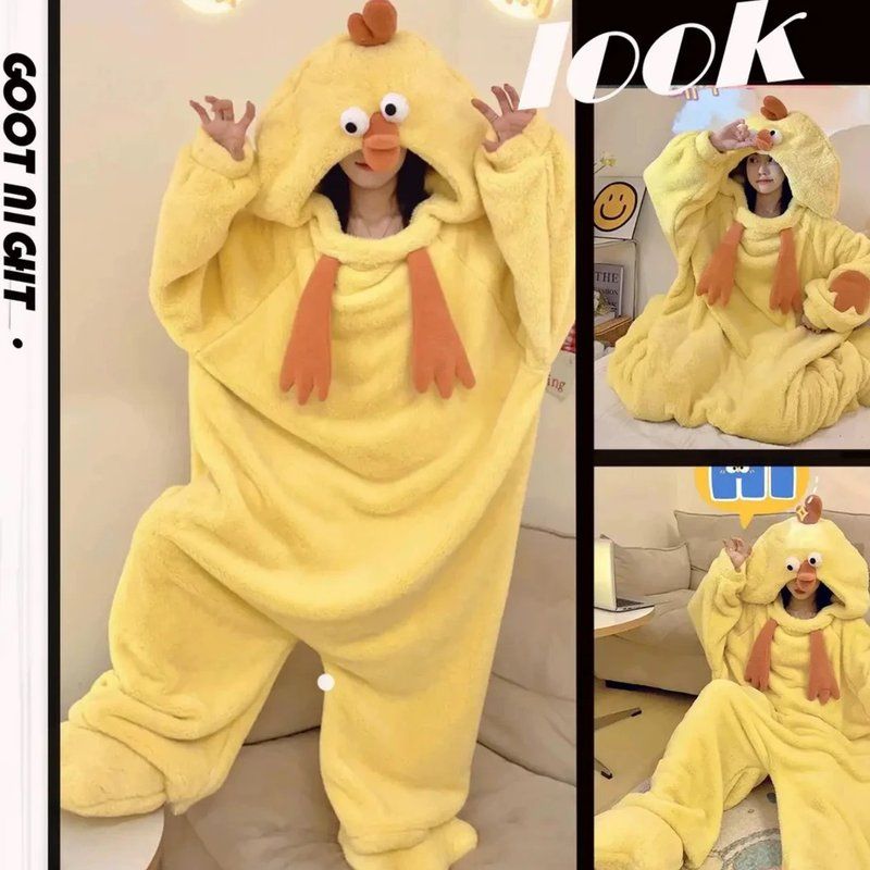 卡通搞怪沙雕小鸡珊瑚绒睡衣女冬季法绒连体加绒加厚睡袍家居服