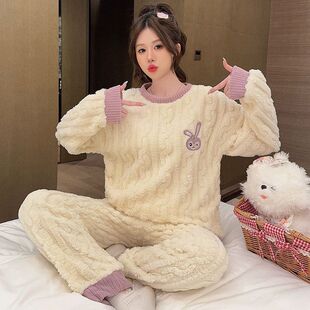 电商珊瑚绒睡衣女冬季 加厚600g长毛绒甜美卡通家居服女套装