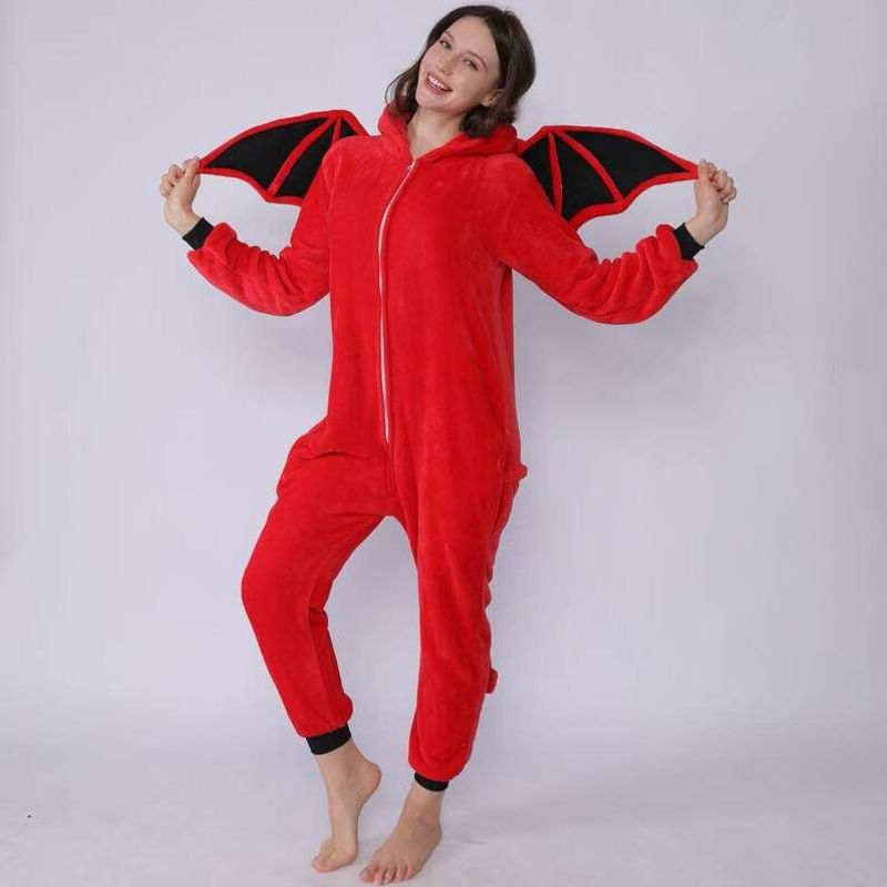 万圣节新款红恶魔黑蝙蝠法绒卡通连体情侣睡衣家居服男女
