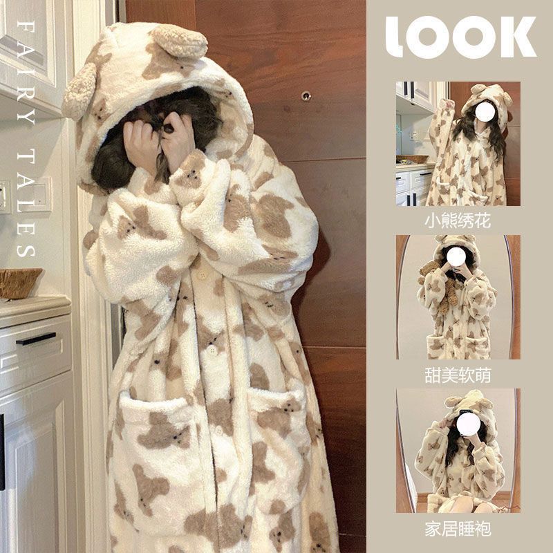 可爱卡通小熊珊瑚绒睡衣女2025年新款秋冬季加厚睡袍可外穿家居服