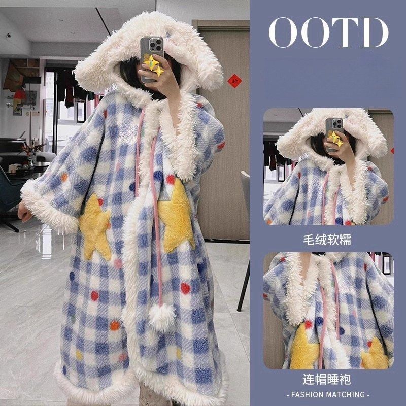 可爱少女玉桂狗连帽珊瑚绒睡袍女冬季毛绒加绒加厚斗篷睡衣家居服