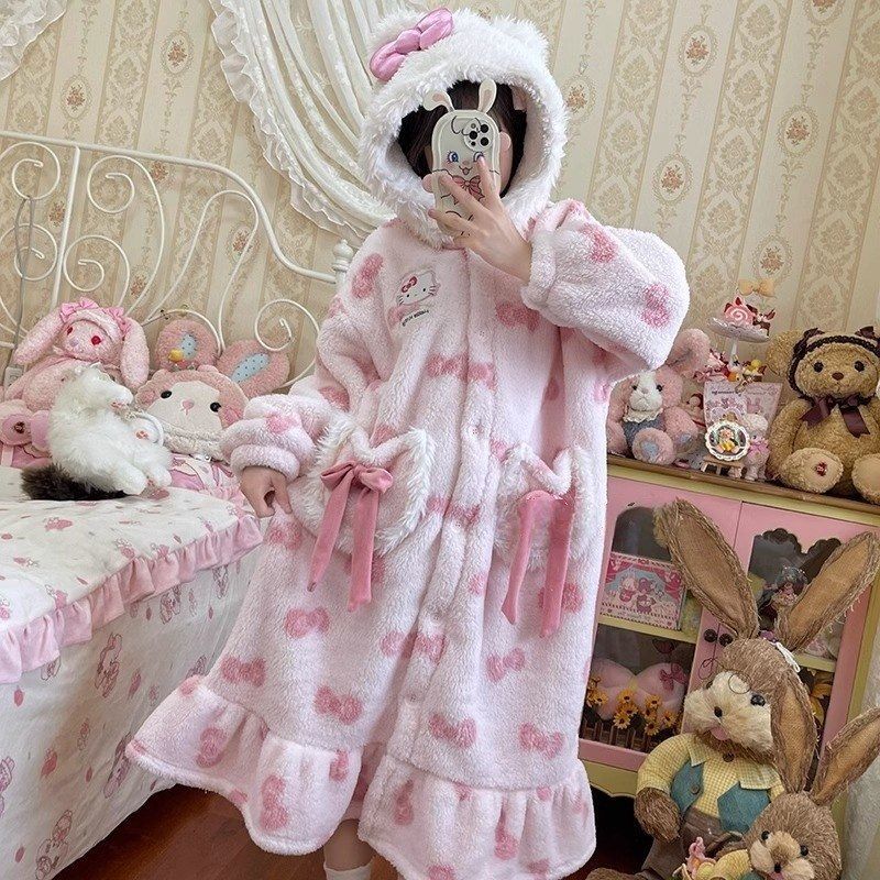 甜美蝴蝶结小猫咪连帽珊瑚绒睡袍女秋冬季毛绒加绒加厚睡衣家居服