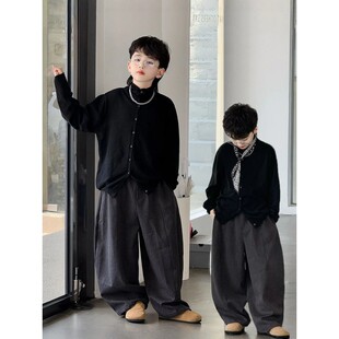 韩国Uamtor新款秋季毛衣男童老钱风长袖开衫黑色单排扣百搭薄外套