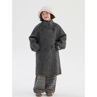 韩国Uamtor儿童双面羊绒大衣男女童秋冬新款中长款小立领时尚外套