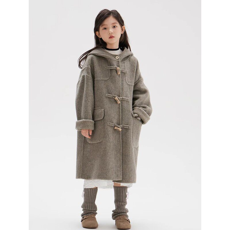 韩国Uamtor女童双面羊绒大衣秋冬新款连帽中长款韩系时尚羊毛外套