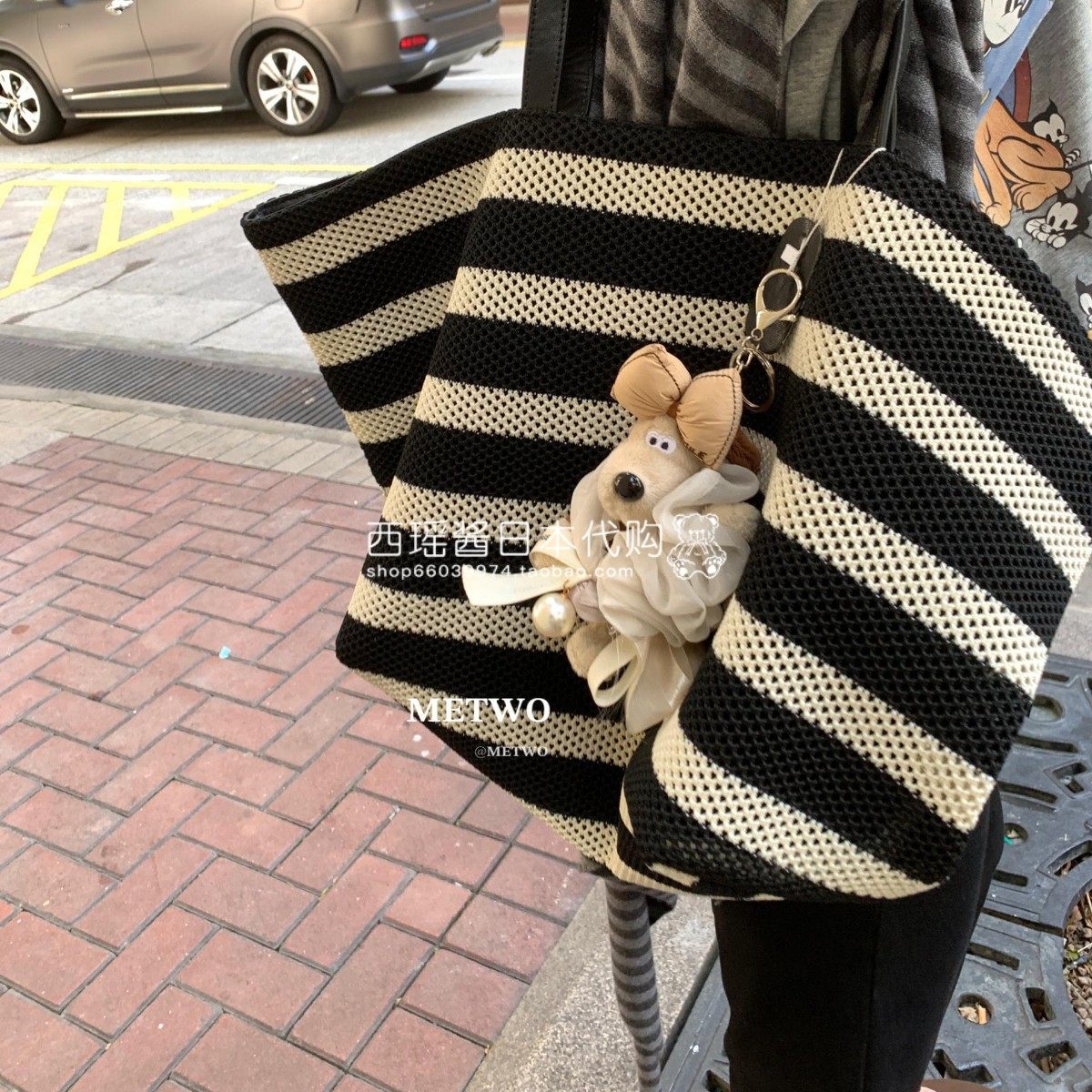 日本代购GP黑白条纹托特包女早春2025新款潮编织大容量休闲斜挎包