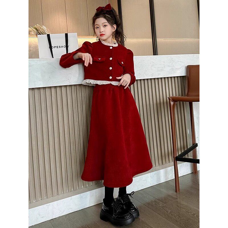 法国BERYDIA女童红色喜庆连衣裙2025年新款冬季大童加绒加厚外套