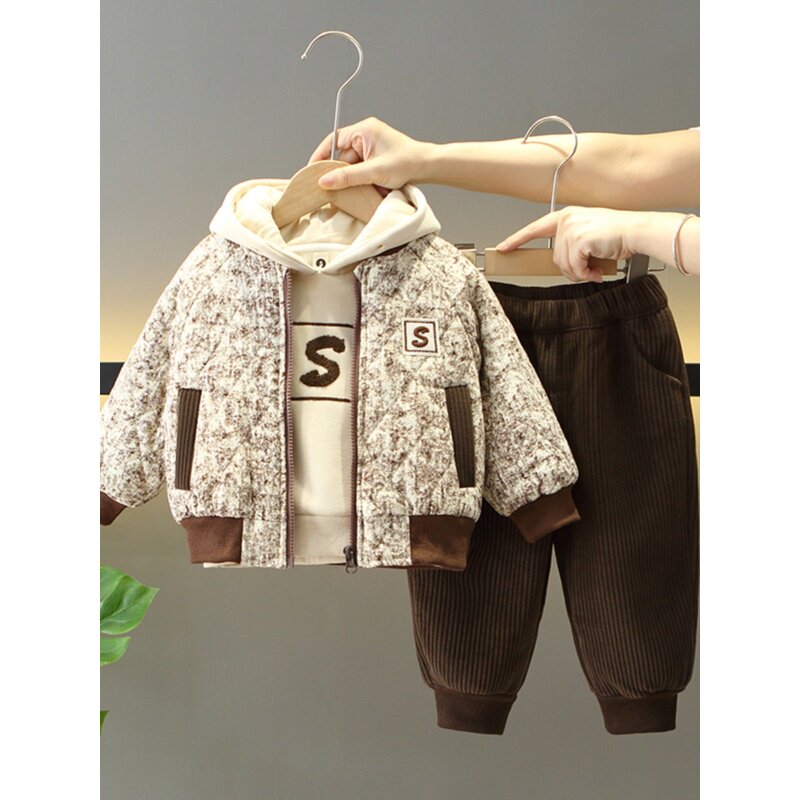 DHWA英国联名男童冬装卫衣棉服套装2025款宝宝加绒加厚棉衣三件套