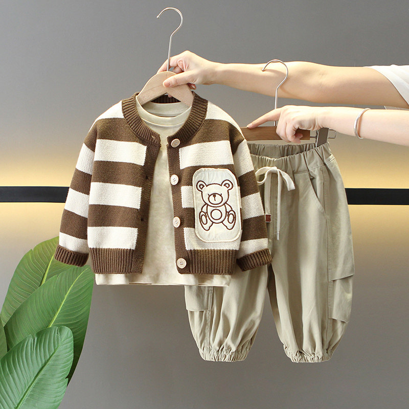 英国DHWA男童条纹撞色针织开衫秋装套装2025新款酷帅宝宝春秋衣服