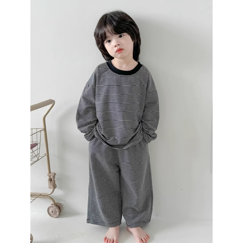 韩国Uamtor儿童睡衣男童春秋季长袖纯棉中大童条纹空调家居服套装