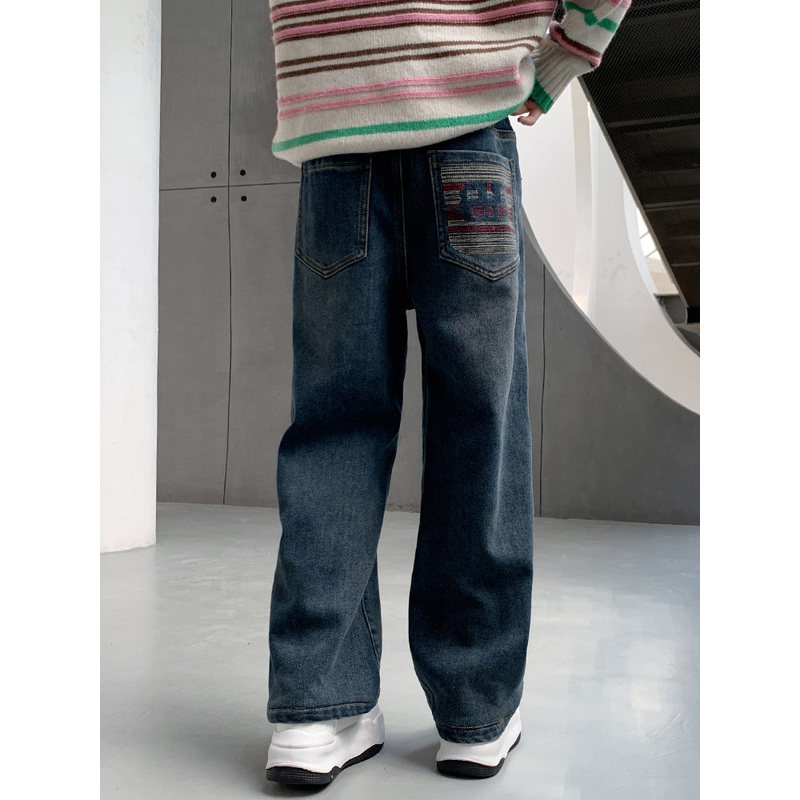 韩国Uamtor女童牛仔裤秋季新款中大童女孩洋气宽松阔腿百搭直筒裤