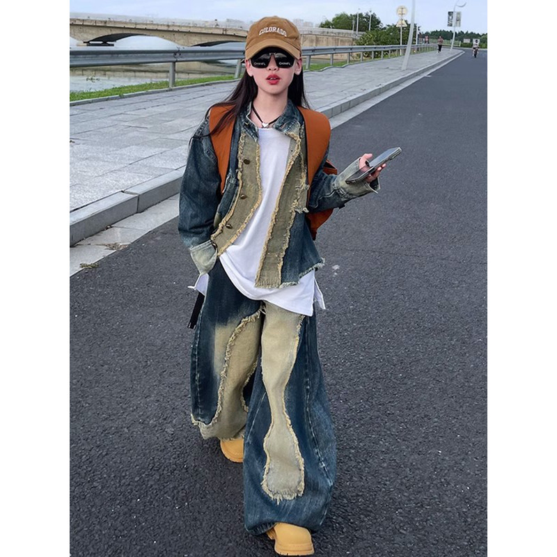 韩国Uamtor女童美式套装酷飒风拼接牛仔春秋款夹克外套弯刀阔腿裤