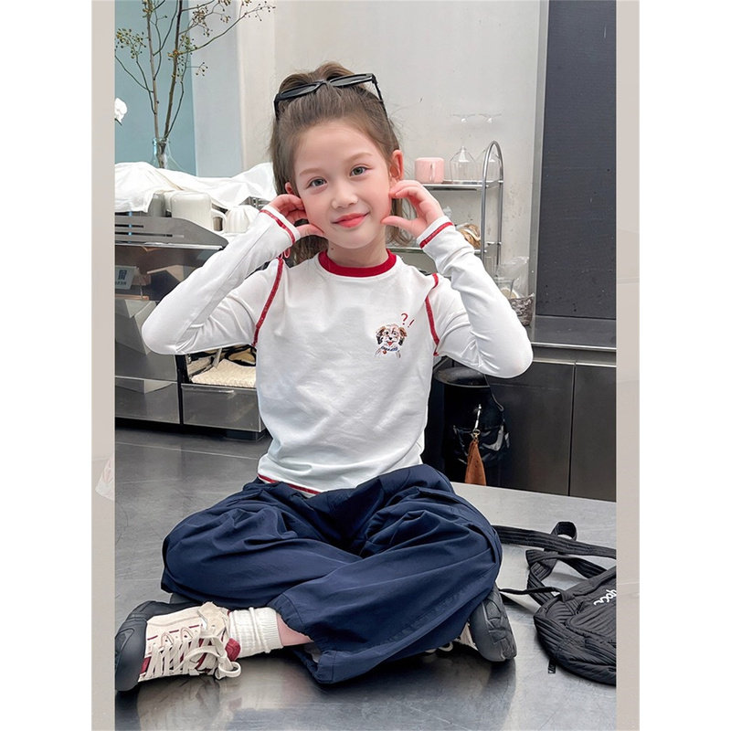 韩国Uamtor白色t恤女童2025春秋新款修身内搭女大童洋气长袖上衣