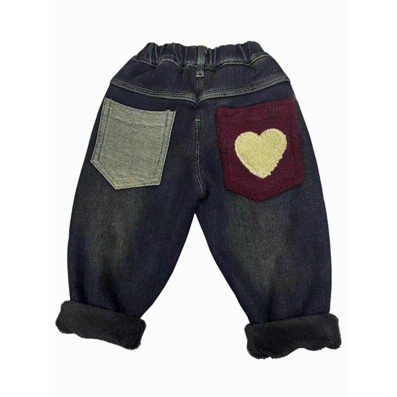 英国DHWA女童加厚一体羊驼绒牛仔裤老爹裤儿童冬装加绒裤子潮