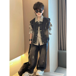 韩国Uamtor男童秋装套装2025新款中大童扎染牛仔马甲衬衫潮酷穿搭