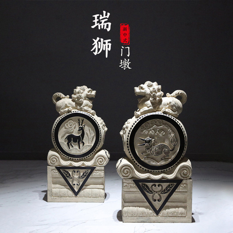 中式落地摆件酒店庭院别墅门口仿石雕门墩抱鼓石镇宅貔貅狮子一对