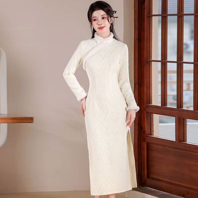 2024新款白色长袖加绒保暖旗袍