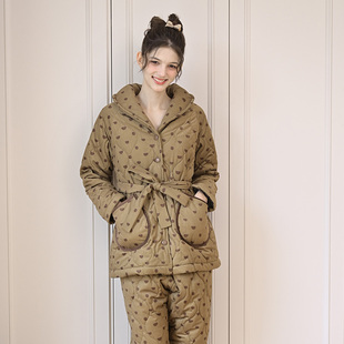 系带中长款 流星条家居服套装 加厚加绒三层夹棉新款 曼宅家睡衣冬季