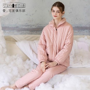 诺曼蒂克冬季 三层加厚夹棉睡衣梭织棉女冬天保暖可外穿立领可外穿