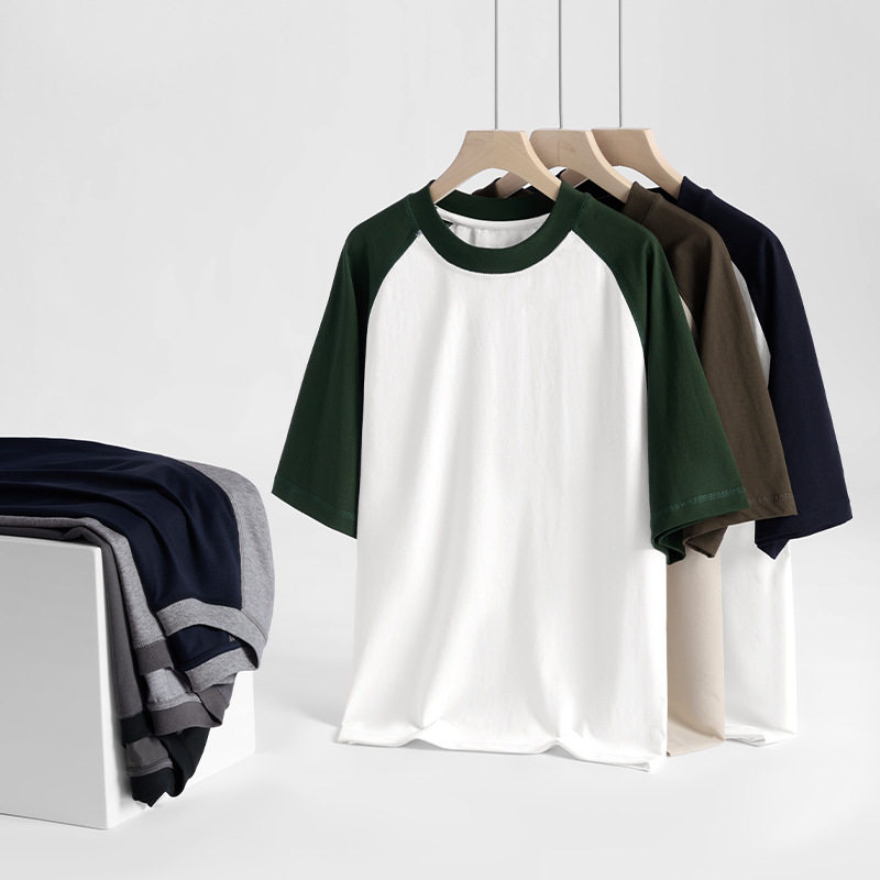 230g男士t恤夏季潮牌拼色宽松男装2024新款高品质插肩短袖打底衫