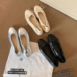 苏茵茵同款单鞋女内增高4CM芭蕾单鞋女奶奶鞋软羊皮蝴蝶结一脚蹬