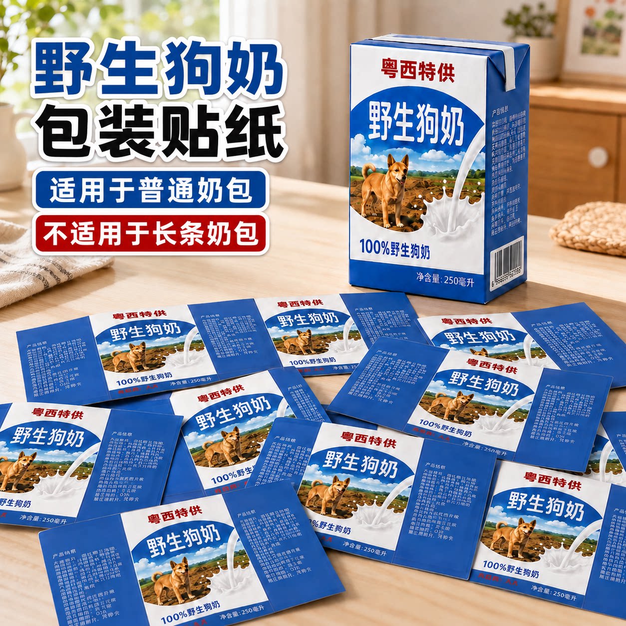 粤西特供野生狗奶贴纸可以喝的永久的保质期背胶四面包奶砖贴正面搞笑贴纸能喝200ml盒装饮料周边道具图片