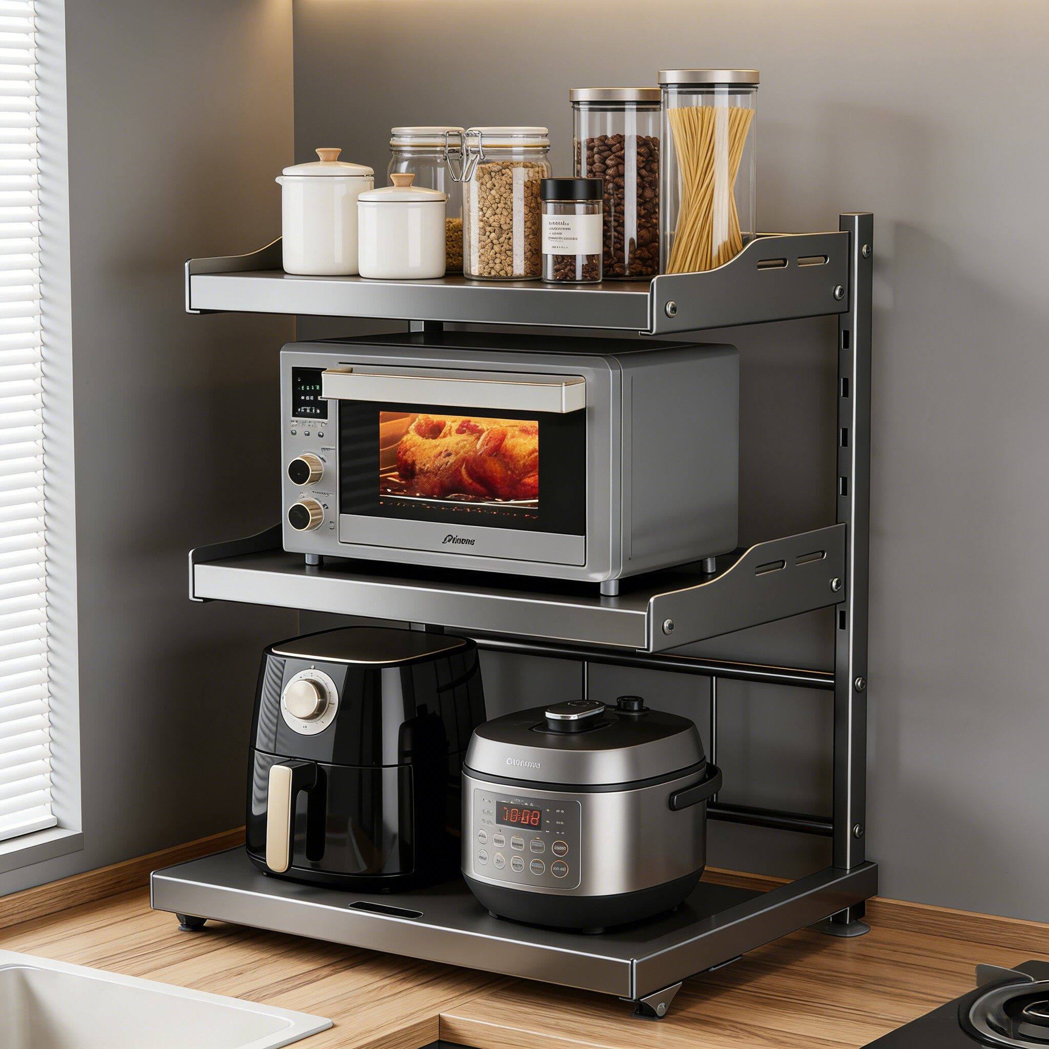 厨房微波炉置物架台面烤箱家用多层架多功能可抽拉式电饭锅收纳层