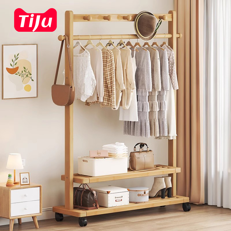 衣帽架卧室简易置衣架子可移动室内家用挂衣服民宿实木挂衣架落地