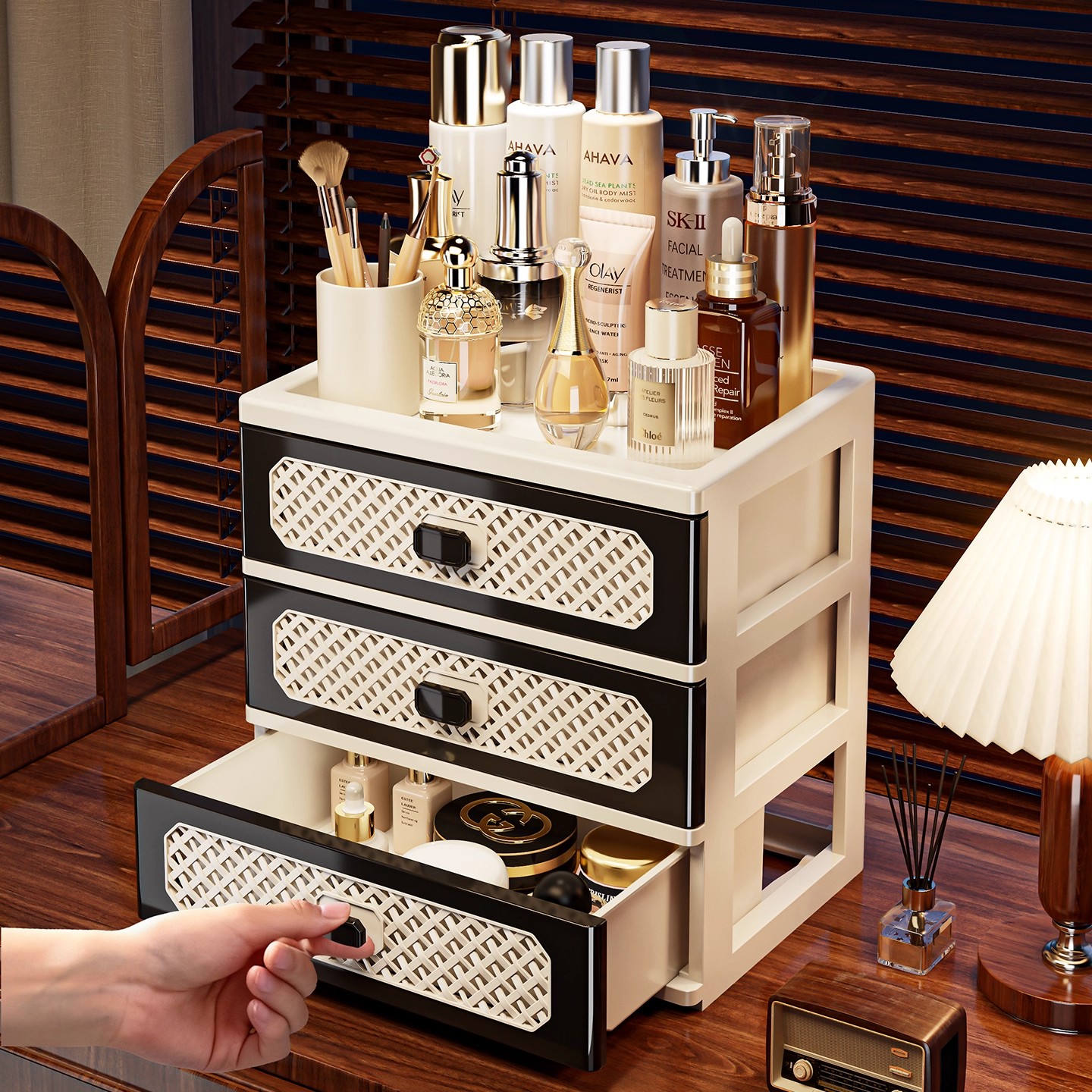 化妆品收纳盒桌面抽屉式置物架梳妆台护肤品整理柜书桌文具储物柜