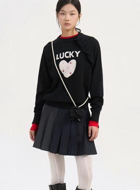 mmjz~韩单外贸25冬LUC设计感圆领通勤百搭爱心刺绣花边套头针织衫