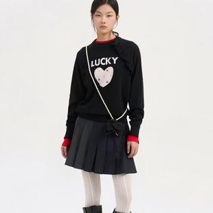 mmjz 韩单外贸25冬LUC设计感圆领通勤百搭爱心刺绣花边套头针织衫