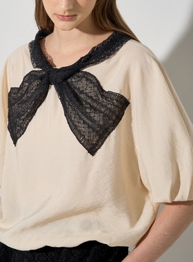 mmjz~LANV25春夏韩系通勤百搭圆领宽松显瘦蕾丝拼接短袖衬衫T恤女