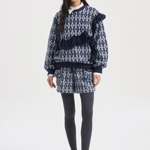 减龄 针织衫 韩单外贸LUC 圆领宽松休闲菱格飞边灯笼袖 女 25冬 时尚