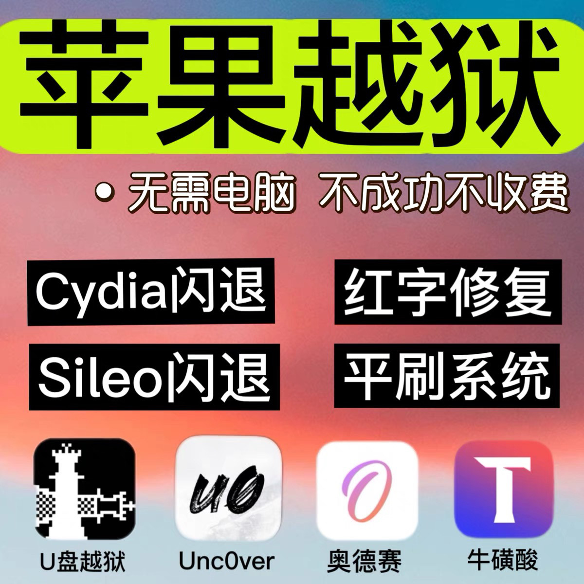 苹果手机iPhone iPad在线越狱平刷闪退6/7/8p/14/13/12 系统cydia