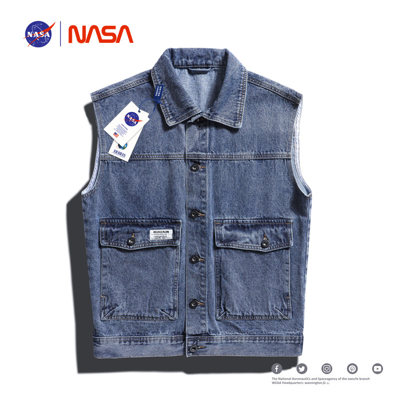 NASA 공동 브랜드 봄 신작 데님 조끼 남성용 미국 유행 캐주얼 루즈 멀티 백 작업 조끼 재킷